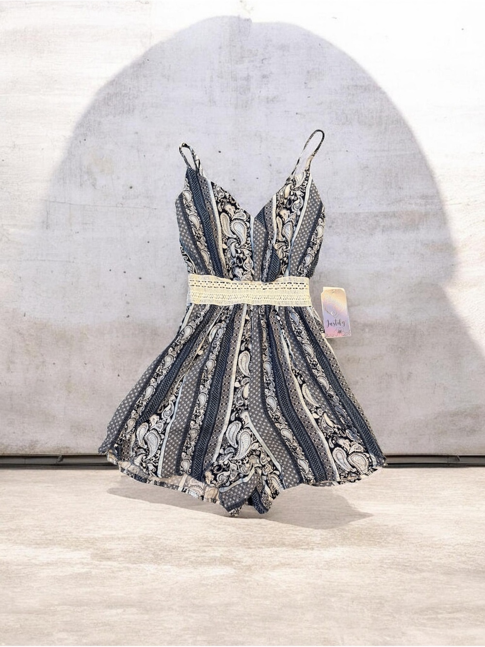 Justify Navy and Cream Paisley Stripe Romper with Lace Waist